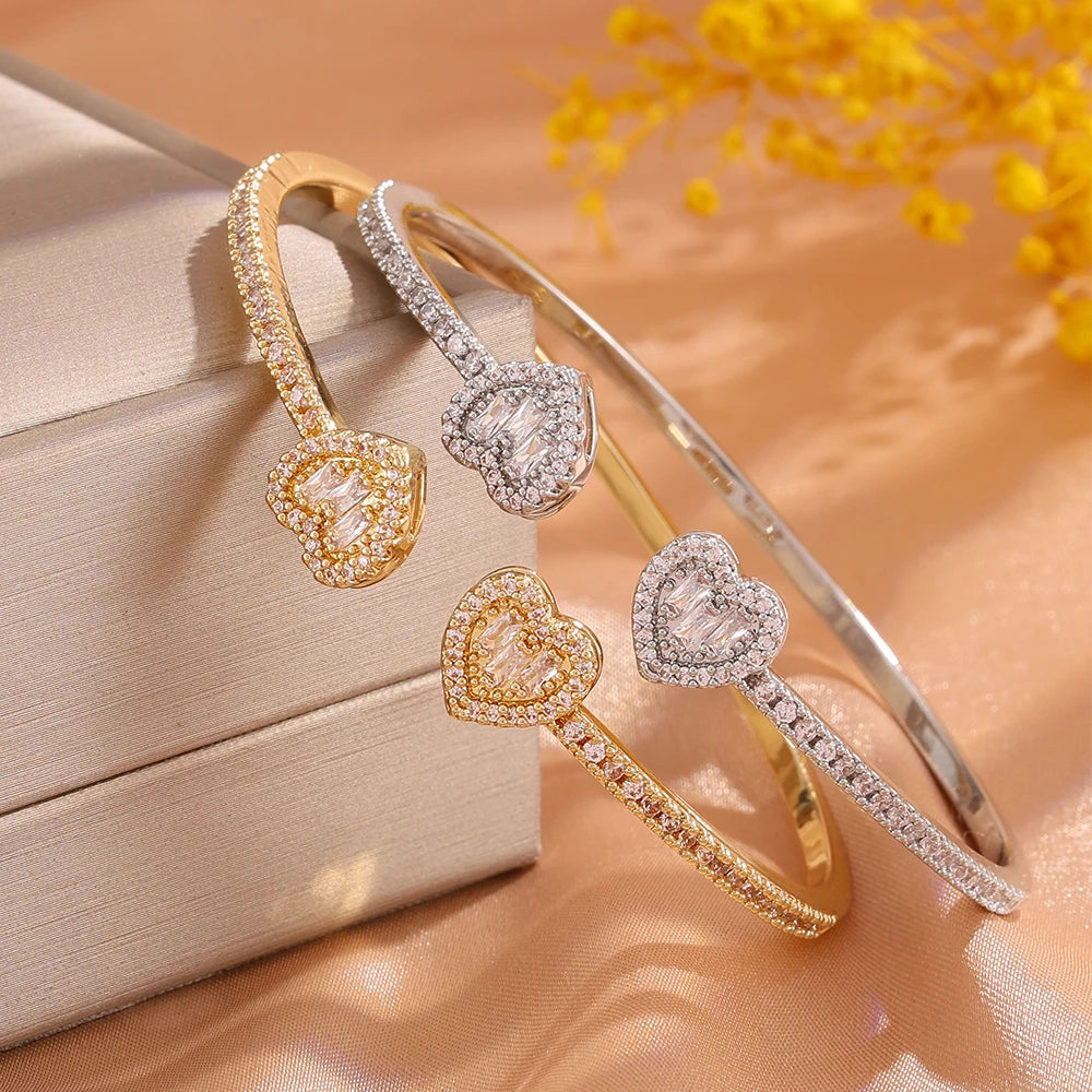 ZAKOL 5/1pcs Shiny Geometric Zirconia Inlaid Stainless Steel Copper Bracelet Set Heart CZ Stackable Bangle Jewelry Gift