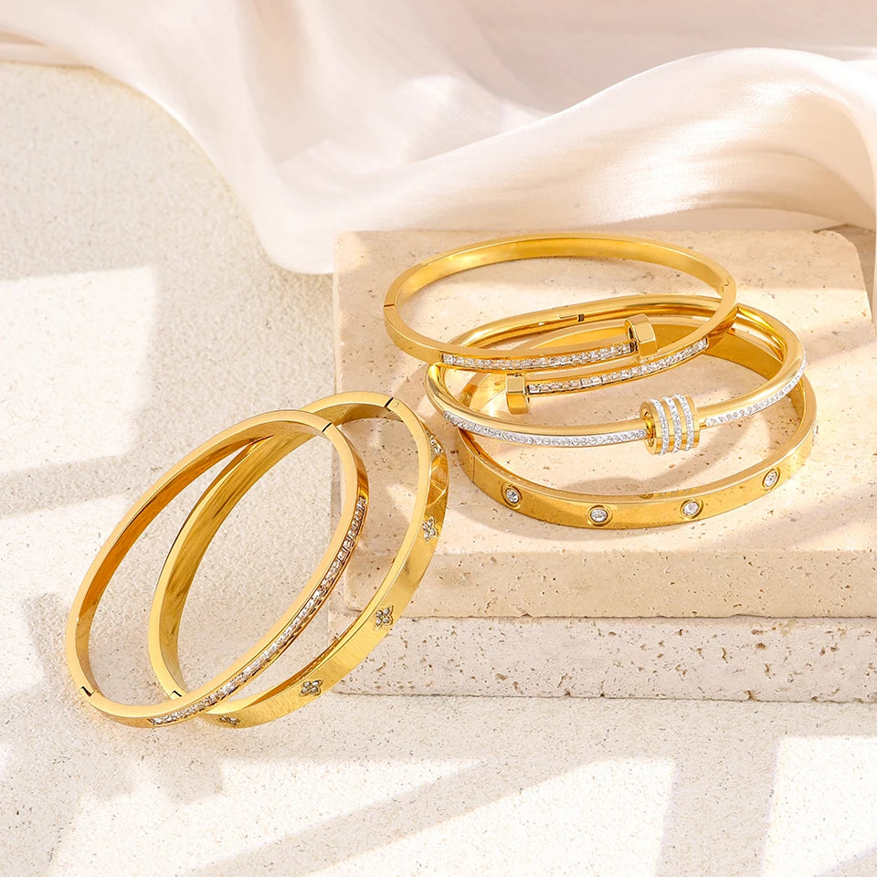 Titanium Steel Stacked Bracelet Couple's Shiny Zircon Inlaid Stainless Steel Bangles Gold Color Female Jewelry Gift