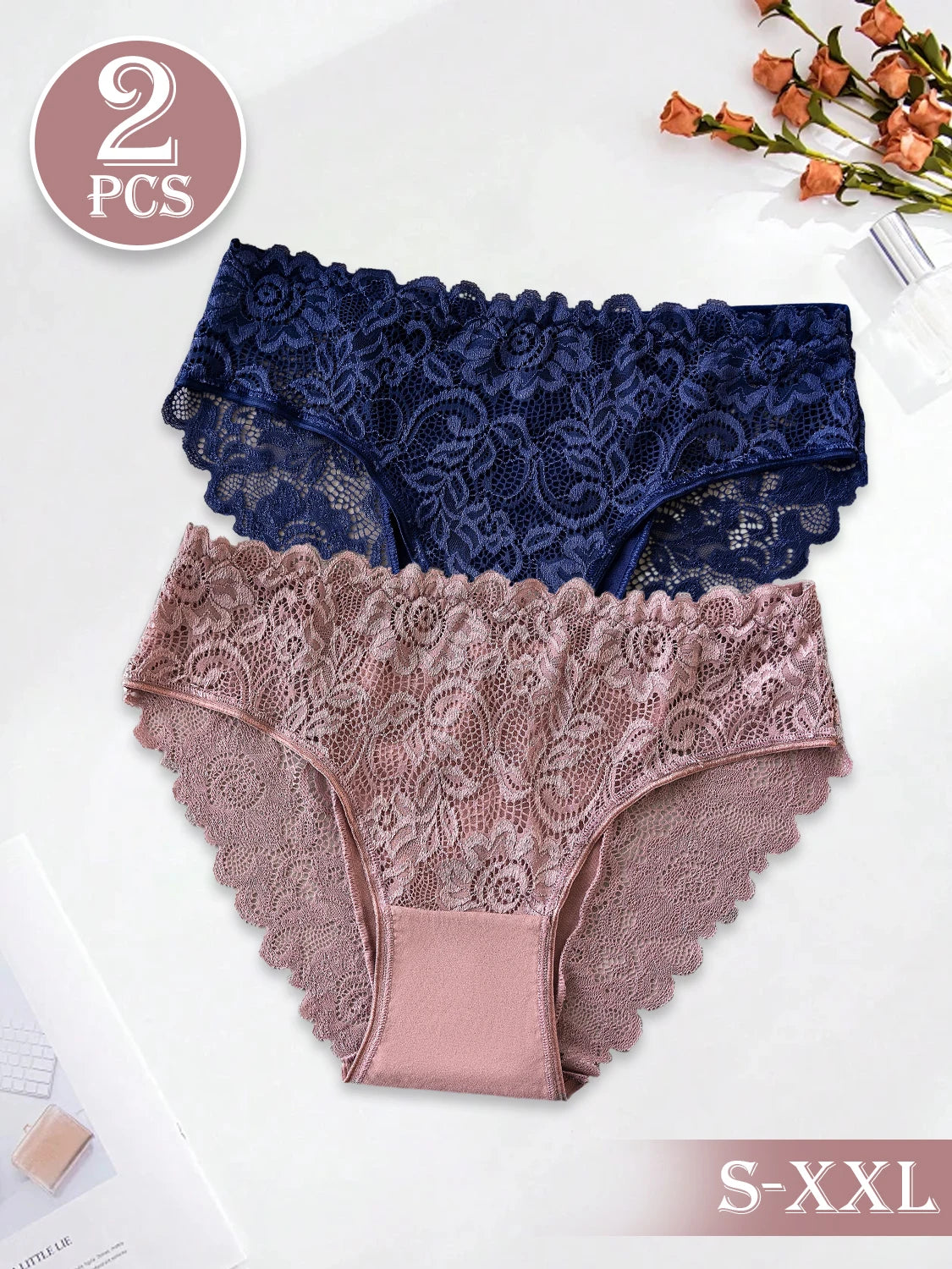 2PCS Solid Color Comfortable Cotton Underwear for Women Exquisite Floral Lace Designs Panties Semi-Sheer Sexy Briefs All Season
