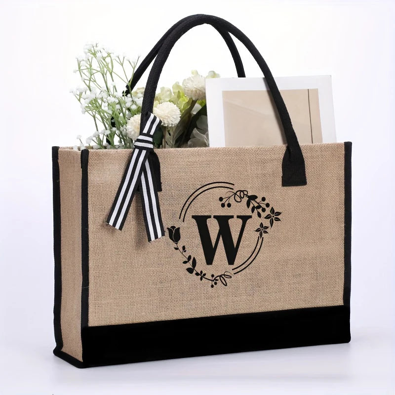 Personalized alphabet printed single shoulder linen men's bag large capacity handbag open handle handbag handbag