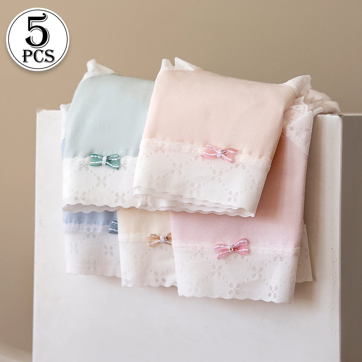 5PCS Korean Fresh Style Women's Underwear Lace Trimmed Solid Color Comfortable Panties Girls Mid Waist Breathable Bow Briefs