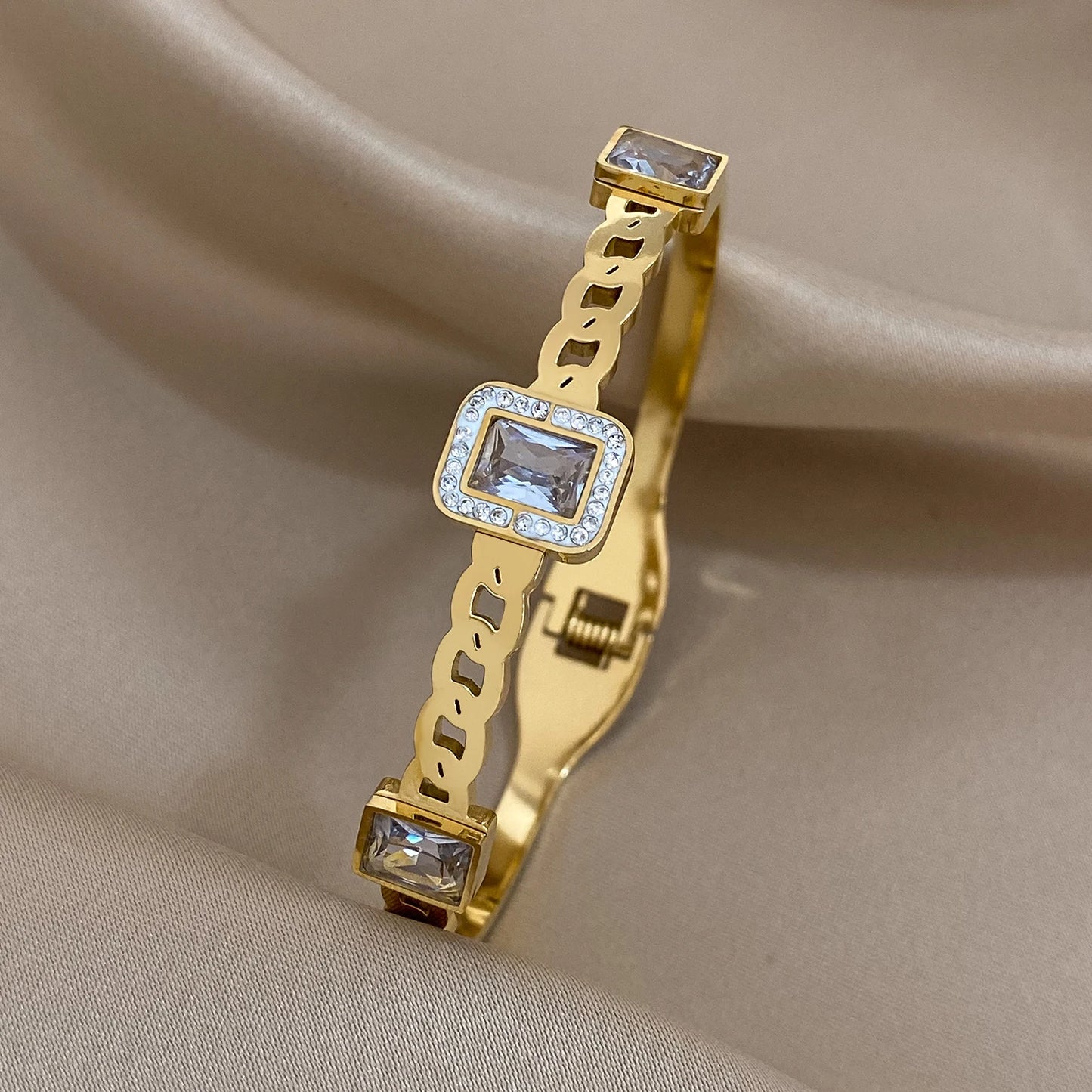 Flashbuy New Design Cubic Zircon Stainless Steel Bangles Bracelets for Women Geometric Gold Color Waterproof Fashion Jewelry
