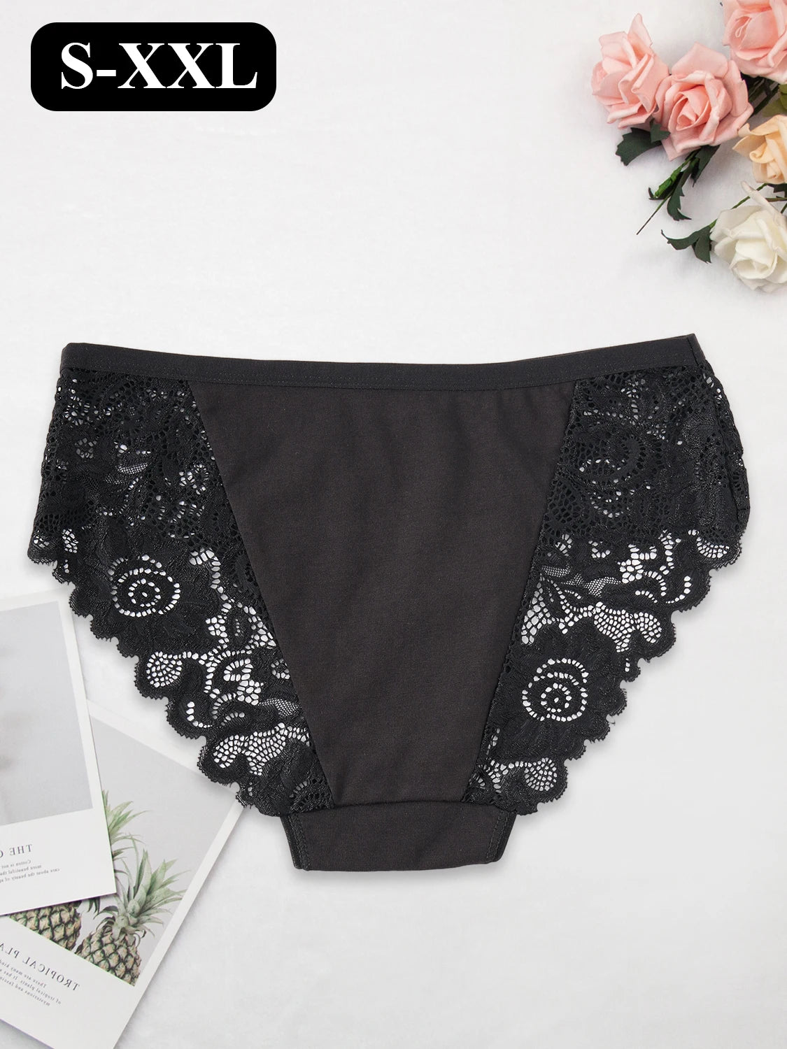 4PCS Black Lace Sexy Women's Underwear Elegant Lace Floral Cotton Splicing Panties Comfort Breathable Briefs Lingerie Everyday