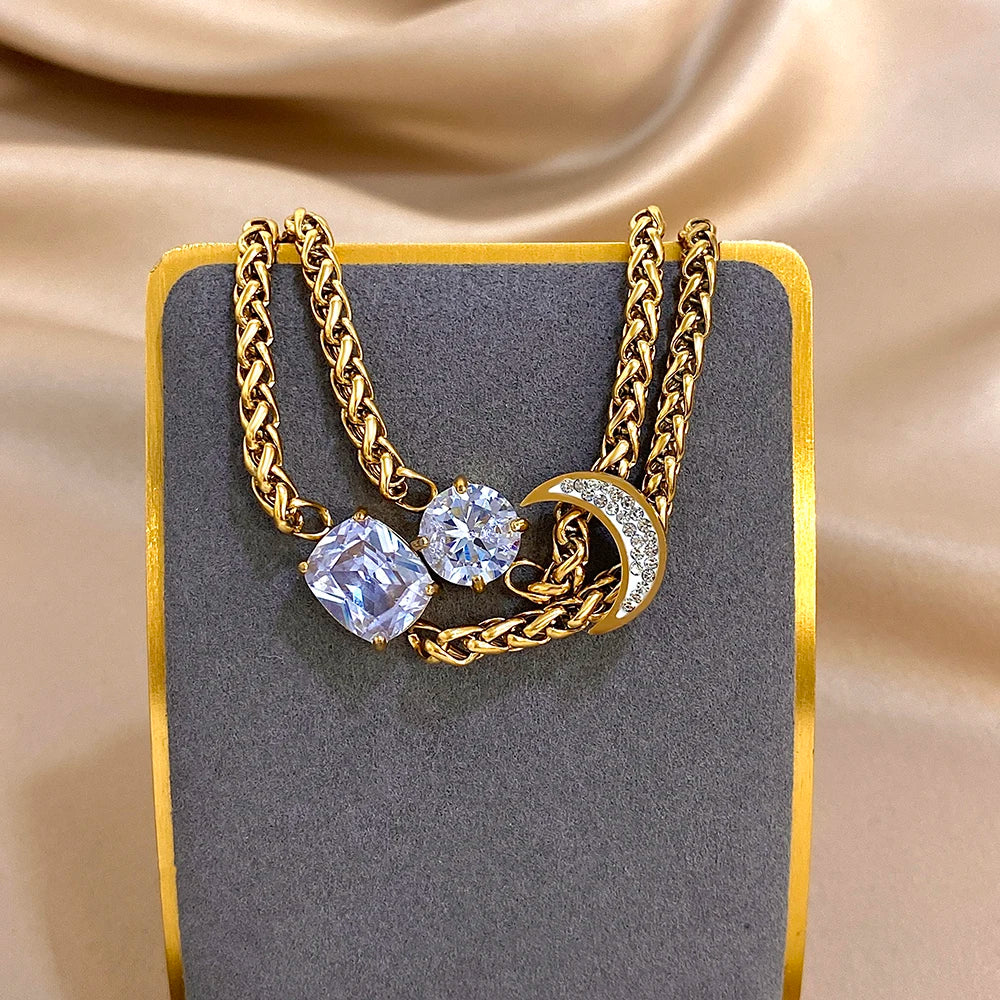 Flashbuy Women's Bracelet Golden Double Thick Chain Synthetic Zircon Geometric Moon Stainless Steel Bangle Statement Accessories