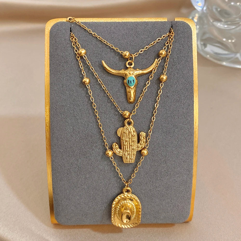2026 New Style Stainless Steel Cattle Head Cactus Cowboy Hat Pendant Statement Gold Color Multi layer Chain Fashion Jewelry
