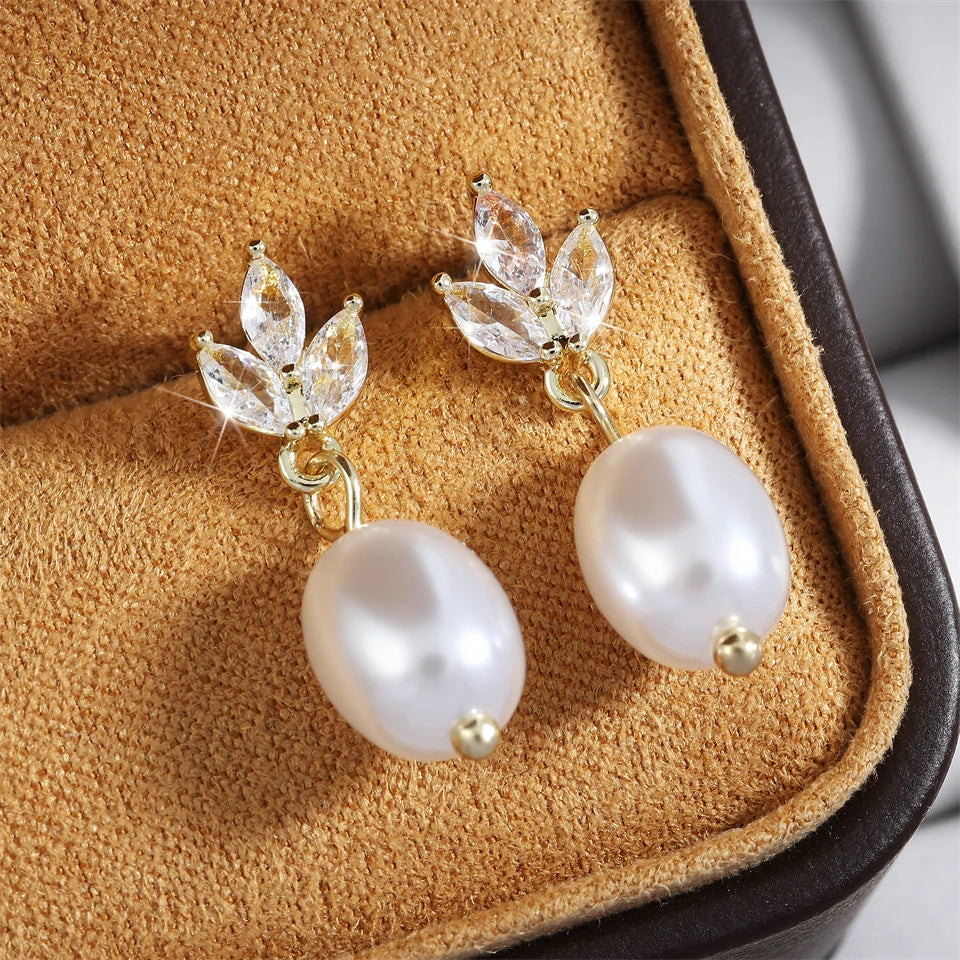 ZAKOL Fashion Leaf Shiny Zircon Pearl Drop Earring Necklaces Jewelry Sets for Women Charming Wedding Jewelry Gift