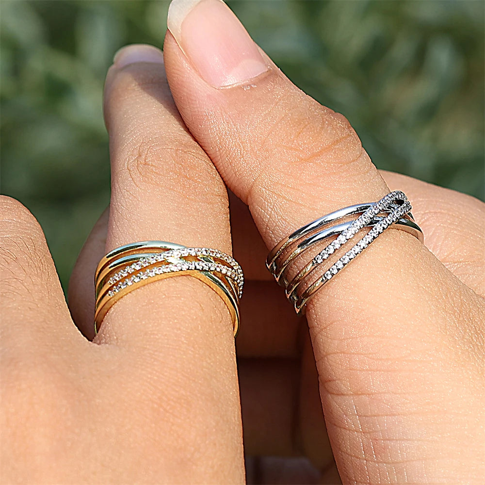 ZAKOL Fashion Double Layers Zircon Rings for Women Gold Color Plated Open Stainless Steel Ring Aesthetic Party Wedding Jewelry