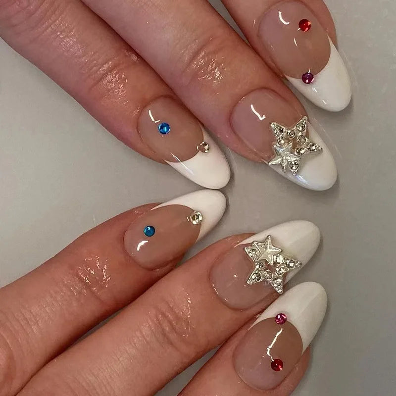 24Pcs Short Almond Nails Set Full Cover Star Moon Wave French Glitter Press on False Nails with Jelly Glue Detachable Nail Art