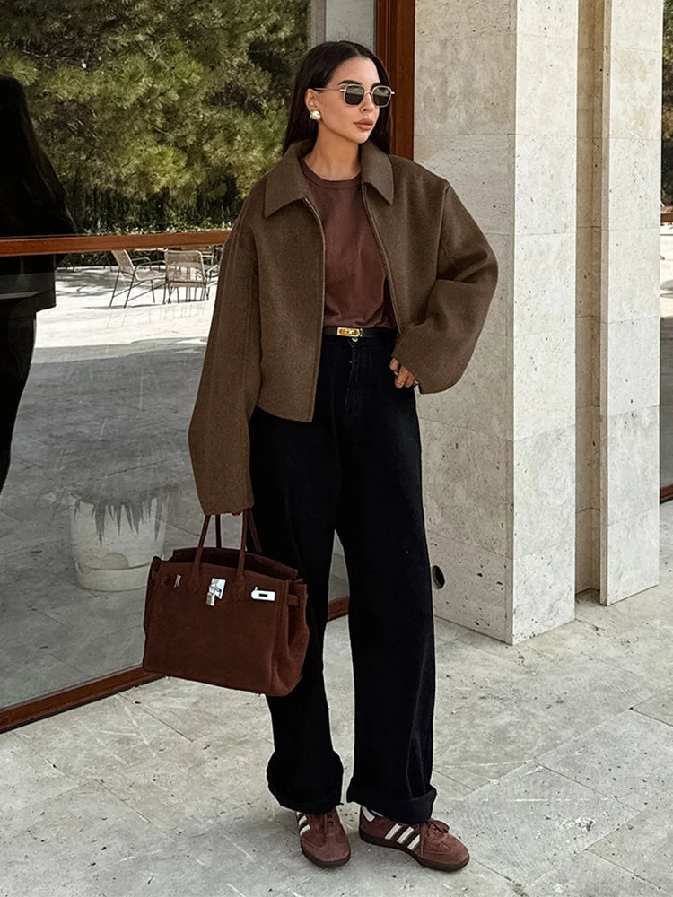 Elegant Women's Woolen Coat Zipper Long Sleeve Blazer Thick Warm Office Lady Tops 2026 Autumn Winter Fashion Short Streetwear