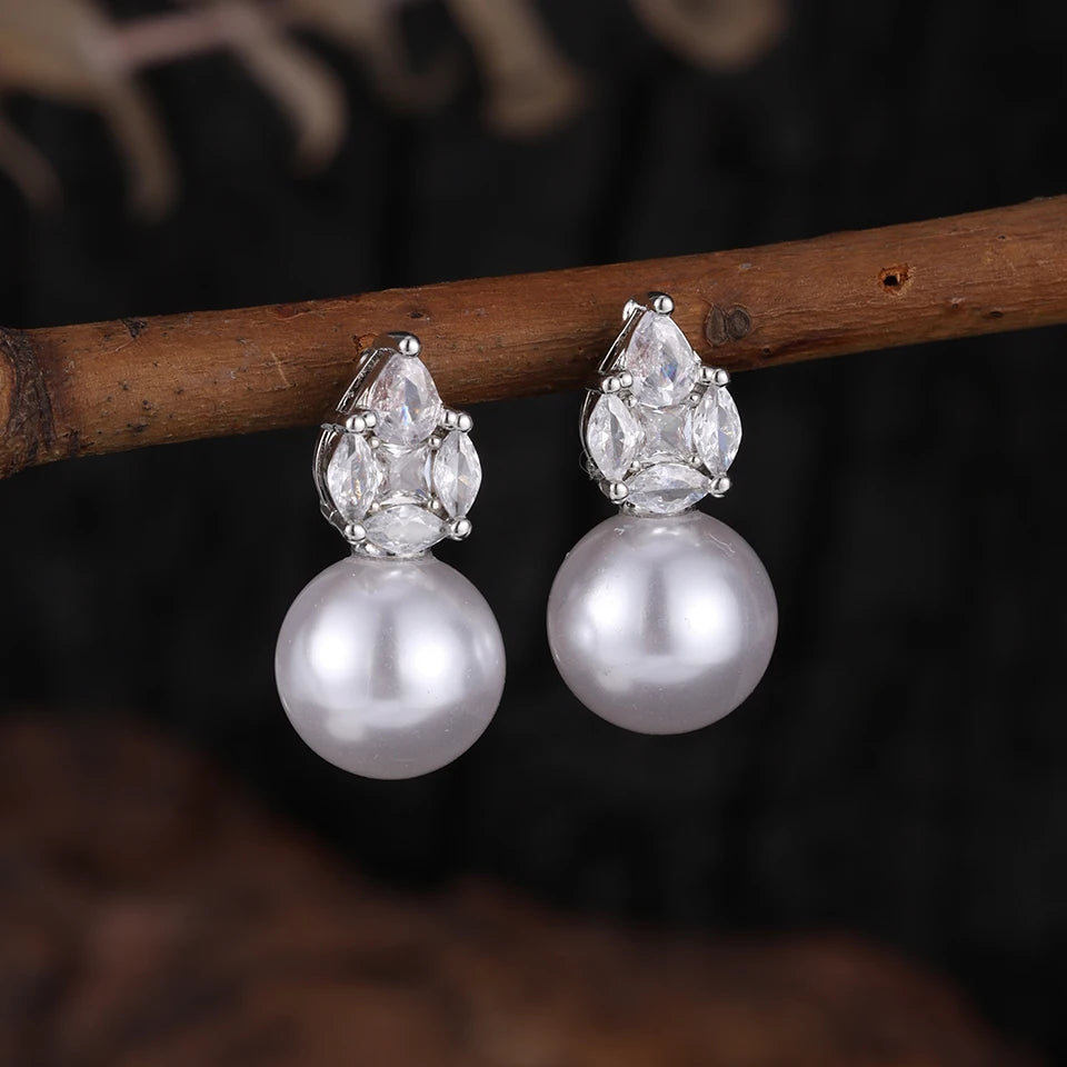 ZAKOL New Simple Water Drop Zircon Imitation Pearl Stud Earring for Women Exquisite Bride and Bridesmaid Wedding Jewelry