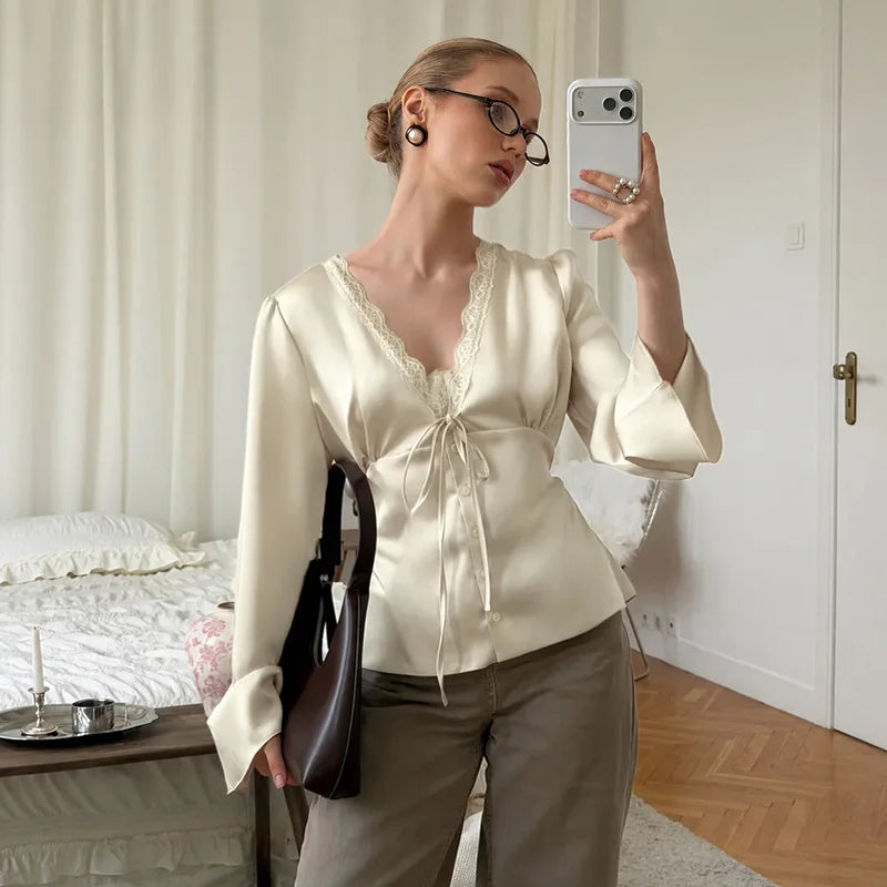 Vintage Lace Patchwork Satin Shirts Women Lace Up Long Sleeve Slim V-Neck Romantic Tops Female Spring Autumn Commute Streetwear