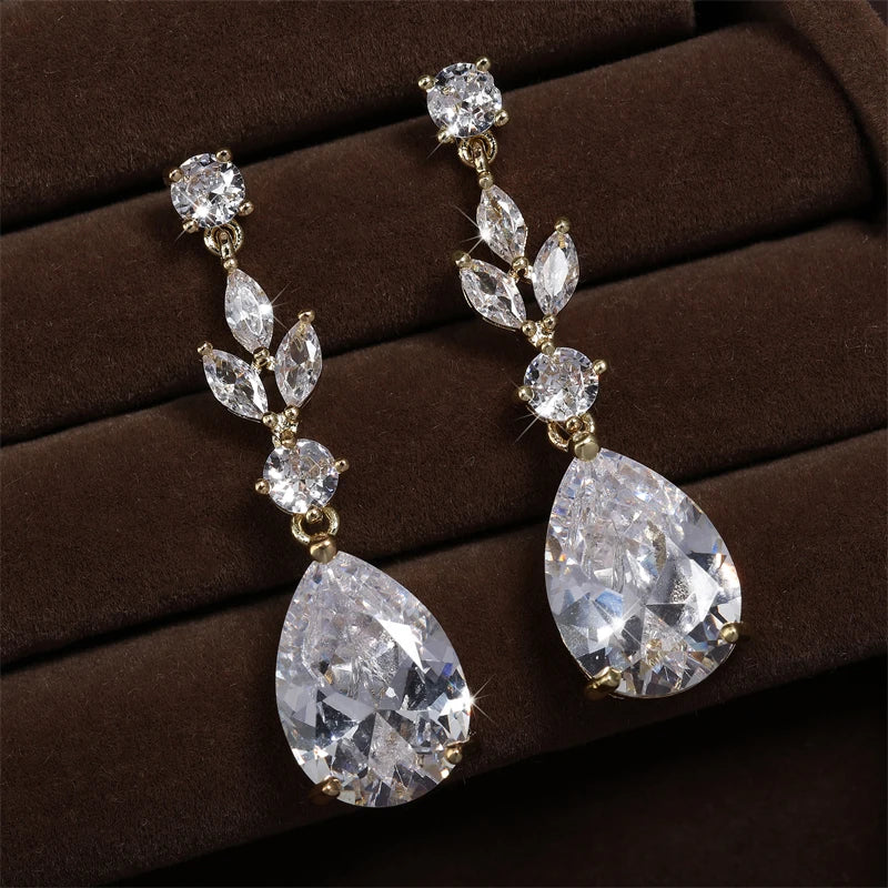 ZAKOL Fashion Trendy Water Drop AAA Cubic Zircon Leaf Dangle Earrings Shining Clear CZ Elegant Bridal Earring Jewelry