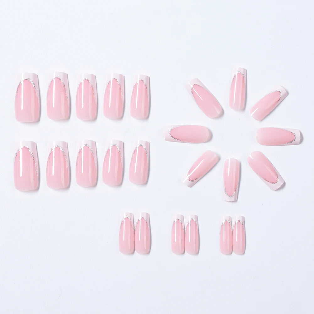 24Pcs Short Square Coffin French Glitter Press On Nails أظافر لاصقة فرنسية لامعة بشكل مربع – 24 قطعة