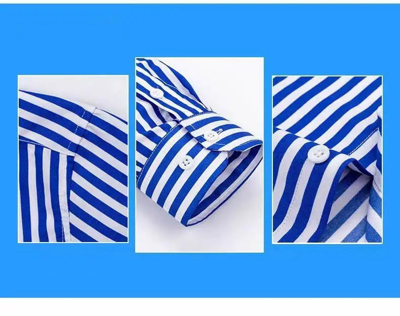 Mens Dress Shirts Striped Long Sleeve Plaid Checked Shirt Smart Casual Business Non-Ironing Korean Slim Fit Formal Blue White