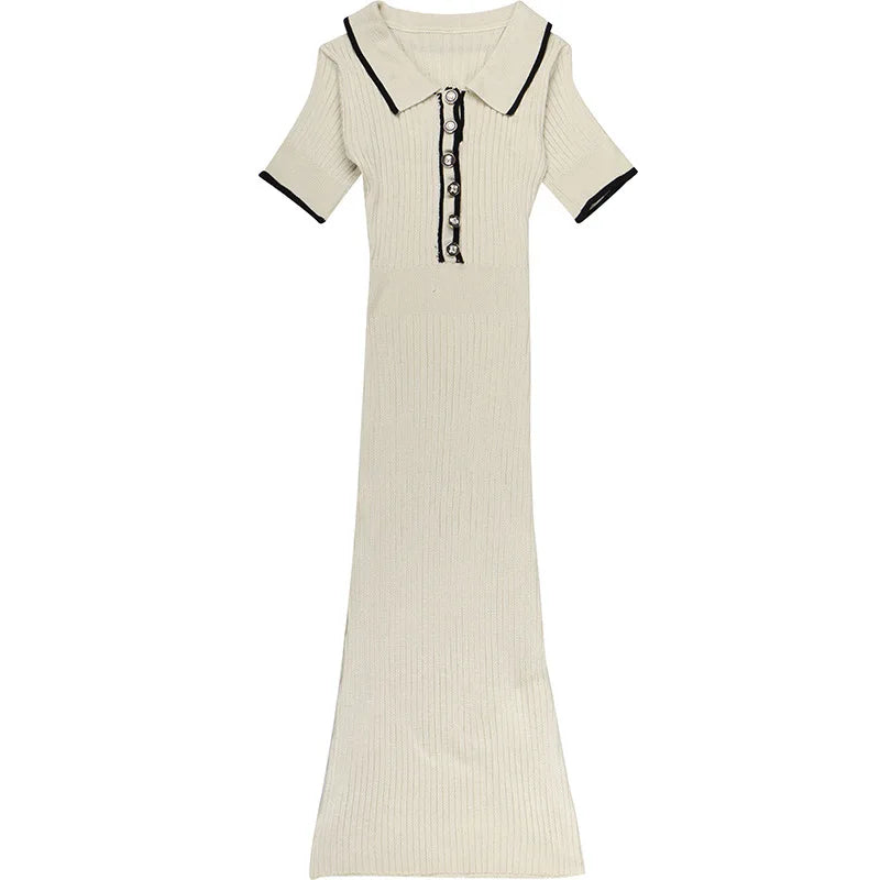 Women's White Knit Maxi Dress Elegant Short Sleeve Patchwork Bodycon Party Dress Casual Lapel High Waist Fashion Autumn Knitwear