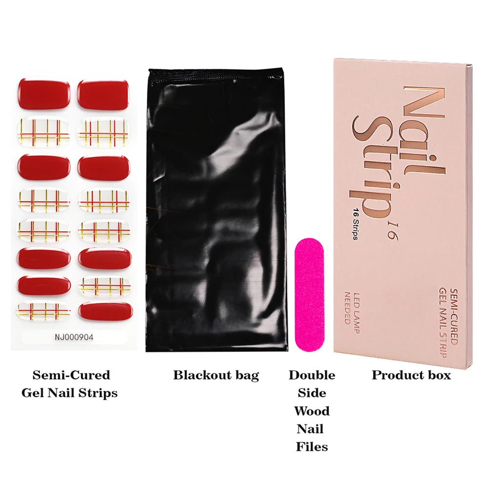 16Tips Gradient Semi Cured Gel Nail Strips Blush Flower Design Full Wrap Nail Decals French Gold Lines Gel Nail Polish Sticker