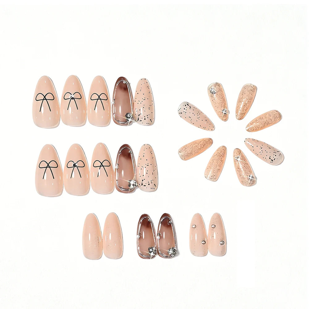 24Pcs Almond Bow Design Press on Nails French Silver Border Stripe False Nails with Pearl Shiny Rhinestone Full Cover Fake Nails