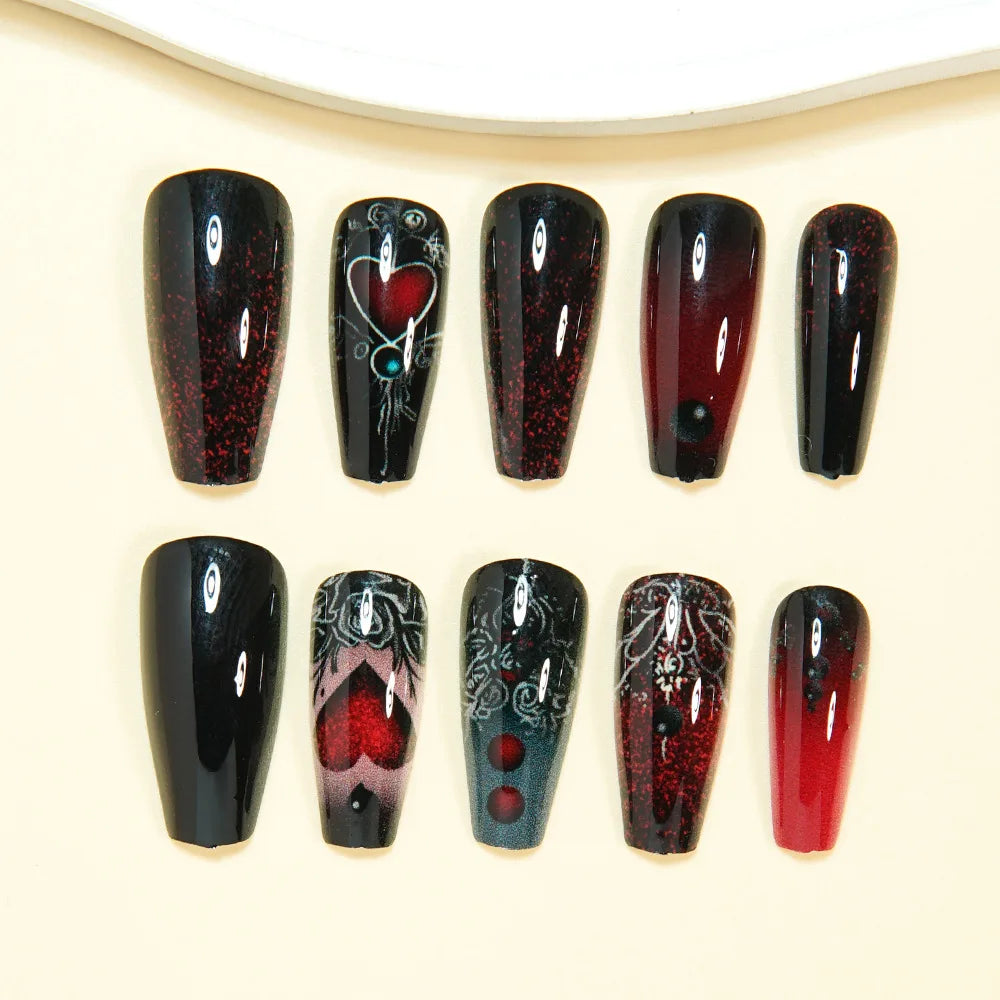 Medium long fake nails dark red black rose flowers heart design for Valentine's Day reusable ABS press on Artificial nails art