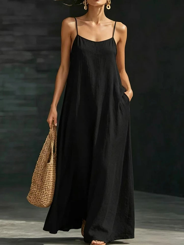 Women Linen Spaghetti Strap Maxi Dress V Neck Loose Swing Long Dress With Pockets Casual Summer Beach Vacation Sundress Ladies