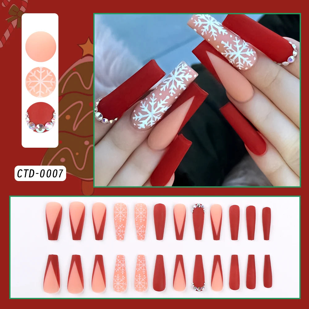 24Pcs Christmas Red French Almond Fake Nails Snowflake Xmas Hat Design Full Cover False Nail Acrylic Wearable Press On Nails