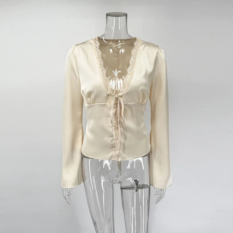 Vintage Lace Patchwork Satin Shirts Women Lace Up Long Sleeve Slim V-Neck Romantic Tops Female Spring Autumn Commute Streetwear