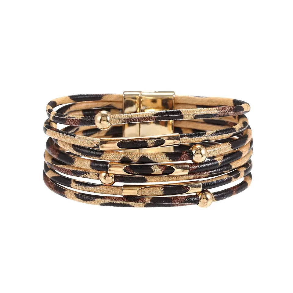ZAKOL Retro Metal Tube Sexy Leopard Print Leather Bracelet For Men Women Boho Multi-Layer Wrapped Bracelets Charm Jewelry
