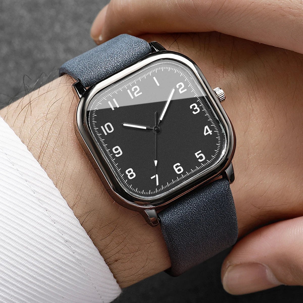 Fashion Square Arabic Men Business Watches Simple Blue Leather Band Quartz Wristwatches Clock Relogio Masculino（Without Box）