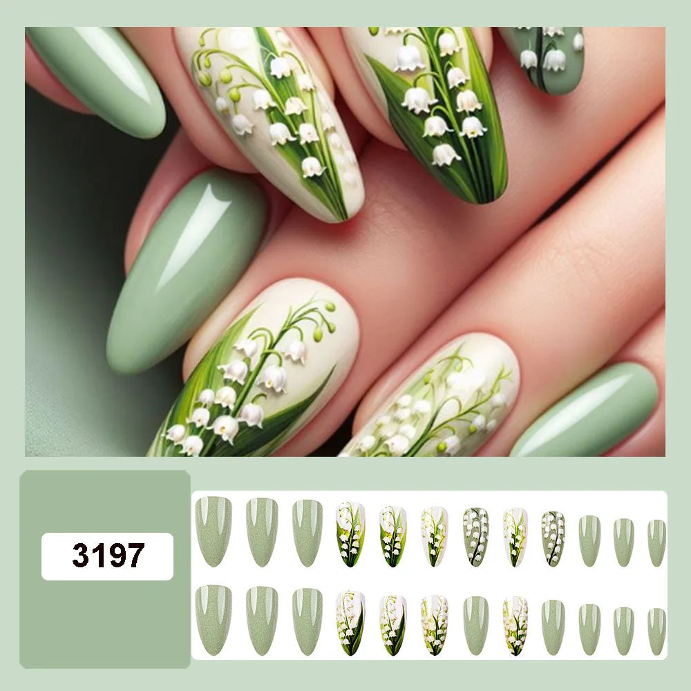 Medium fake nails for women girl green flrora blue black butterfly heart design Almond nail tips full cover press on false nail