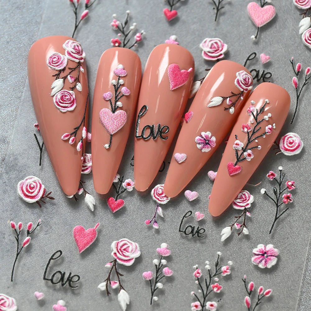 1Pc 5D Embossed Lavender Flower Nail Sticker Spring Floral Leaves Self-Adhesive Sliders Rose Heart Decals Manicure Decoration