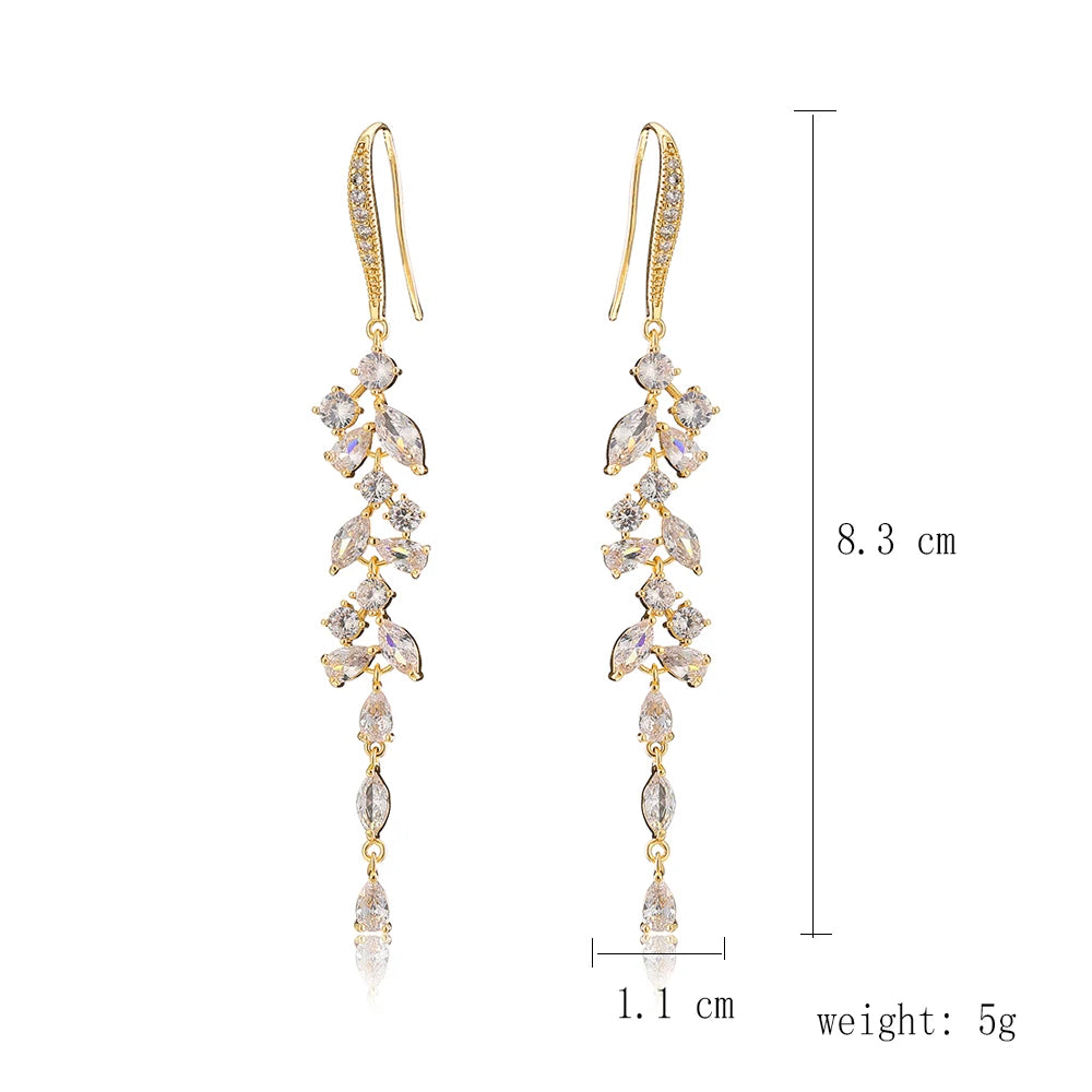 ZAKOL Fashion Cubic Zirconia Leaf Long Dangle Earrings for Elegant Women White Leaves Drop Earring Bridal Wedding Jewelry