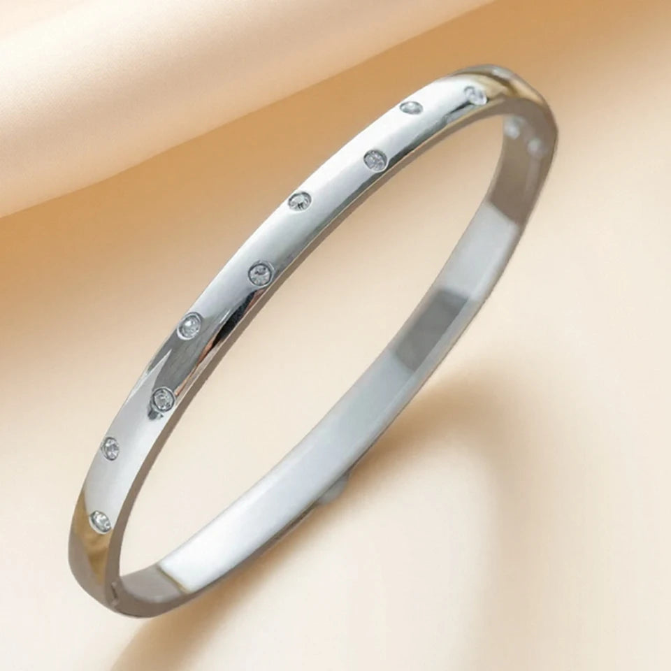 ZAKOL Stainless Steel Round Zircon Inlaid Bracelet Bangles for Women Three Colors Couple Holiday Gift Bracelet Party Daily Jewel