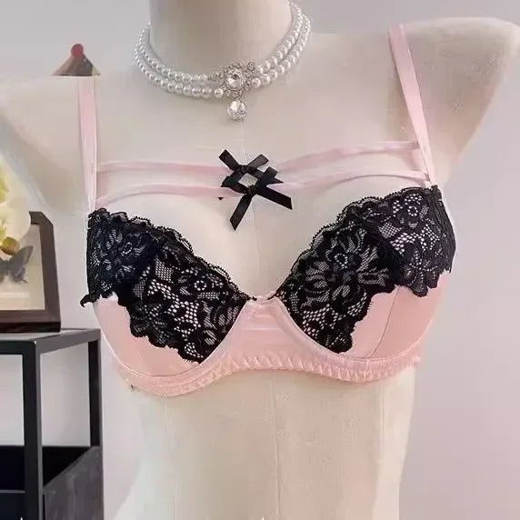 MOYISU French Lace Bralette with Bow Sweetheart Neckline Petite Bust | Natural Lift Minimalist Bra Set Sexy Yet Subtle Support