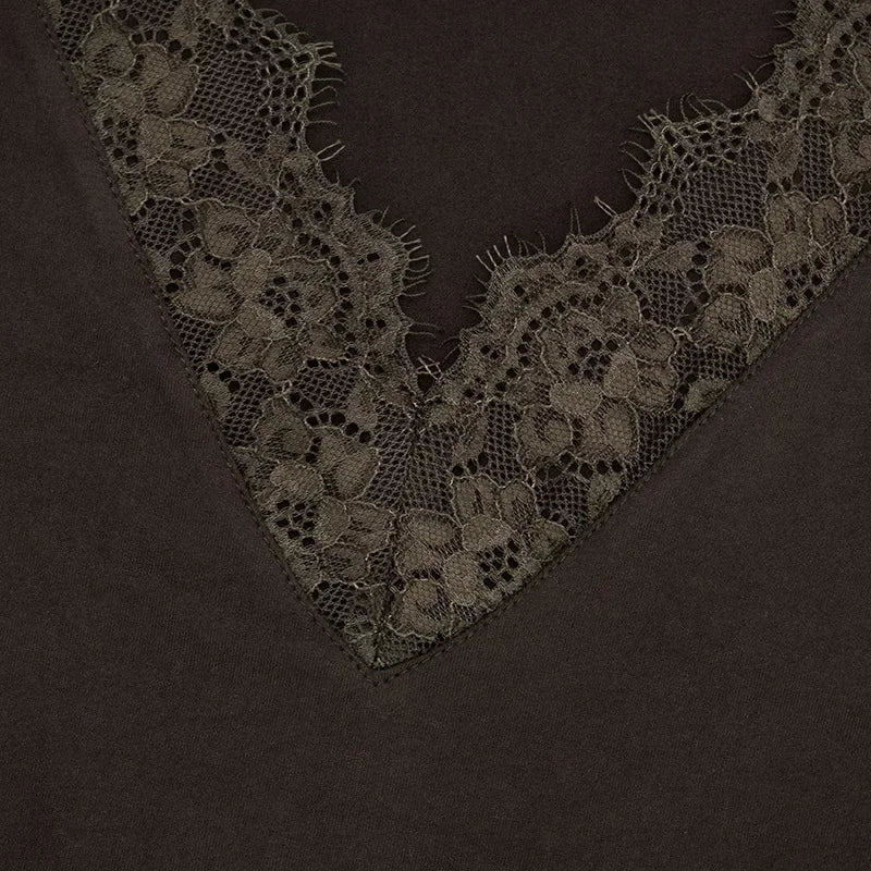 Women Lace Patchwork V Neck Long Sleeve T Shirt Ribbed Slim Fit Basic Undershirt Elegant Lace Trim Cuff Stretch Base Layer Tops