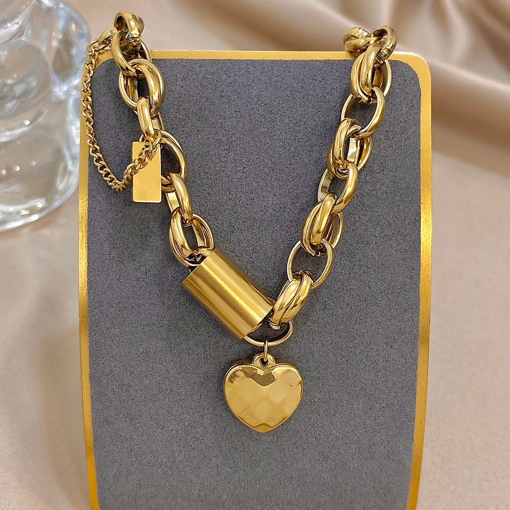 Flashbuy New Punk Chunky Gold Color Thick Chain Stainless Steel Necklace for Women Fashion Design Heart Love Pendant Jewelry