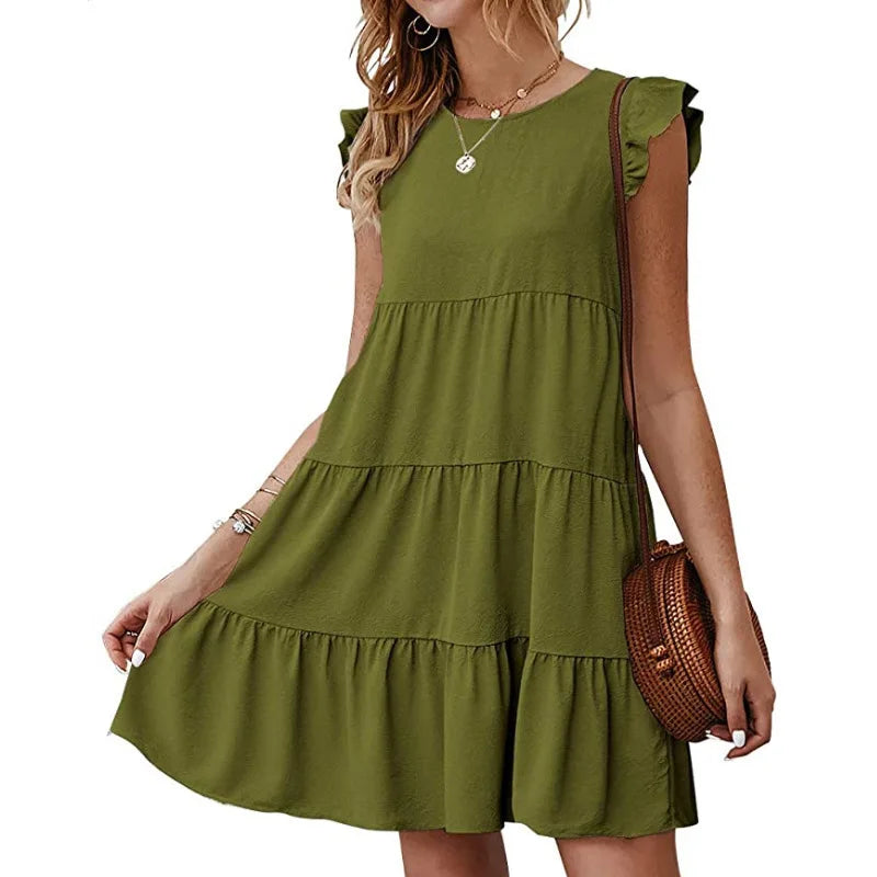 Women Elegant Ruffle Mini Dress Casual Solid O Neck Beach Party Sundress Simple Chic Loose Short Dress Vintage Harajuku Vestido