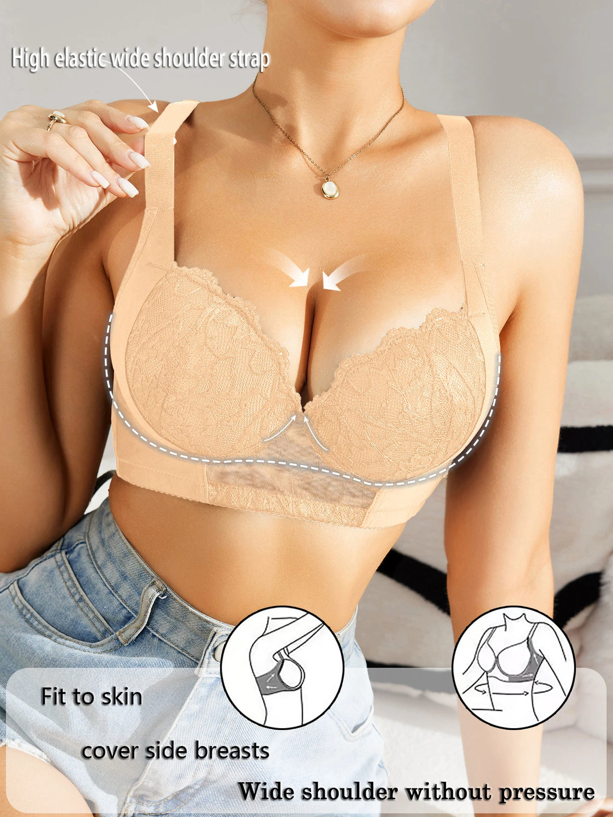 Floral Lace Women Bra Side-Breast-Enhancing Underwear with Underwire Minimizer Comfortable Wide Straps Intimates Bra