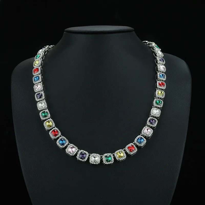 ZAKOL Hip Hop Luxury Square Colorful Rhinestones CZ Tennis Chain Necklace Bracelet Punk Fashion Jewlery Couple Gift