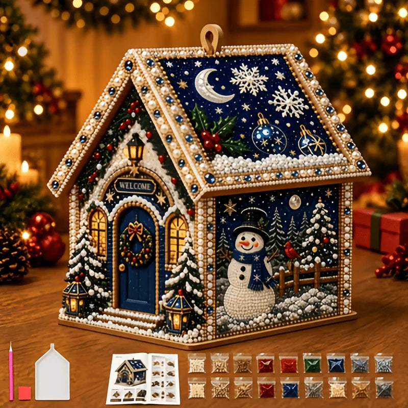 DIY 3D Wooden Diamond Painting Kit, Assemblable Christmas Cabin Hanging Ornament with Full Tools for Window Home Indoor Decor