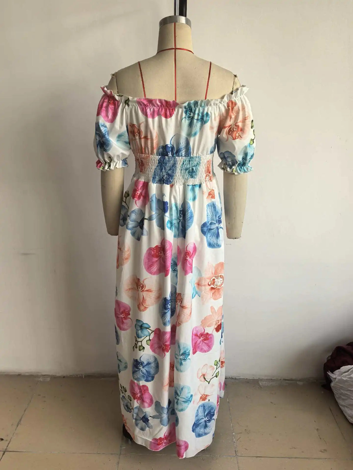 BKLD Women Clothing Summer Floral Print Dress Short Sleeve Square Collar Beach Holiday Outfits Waist Ruched Long Dresses Party