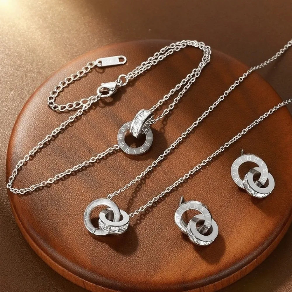 ZAKOL Women's Classic Roman Numerals Earring Necklace Bracelet Set for Women Girls Versatile Simple Daily Jewelry Sets