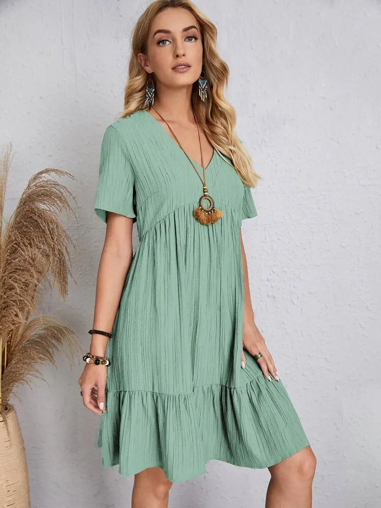 Women Elegant V Neck Ruffles Mini Dress Summer Vintage Solid Loose Sundress Bohemian Casual Solid Beach Party Vestidos