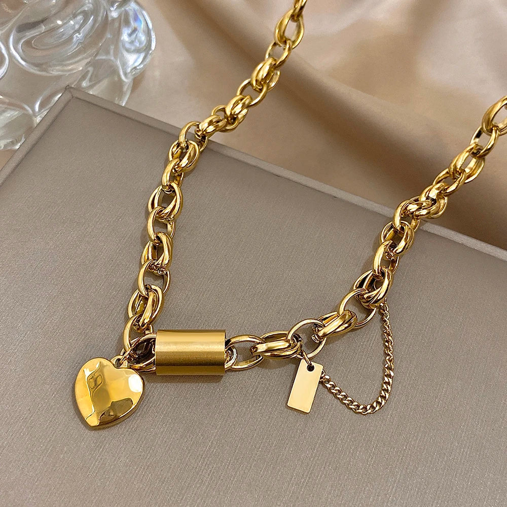 Women's Set Jewelry Stainless Steel Golden Thick Chain Heart Love Pendant Stainless Steel Necklace Bracelets Set Fashion Jewelry
