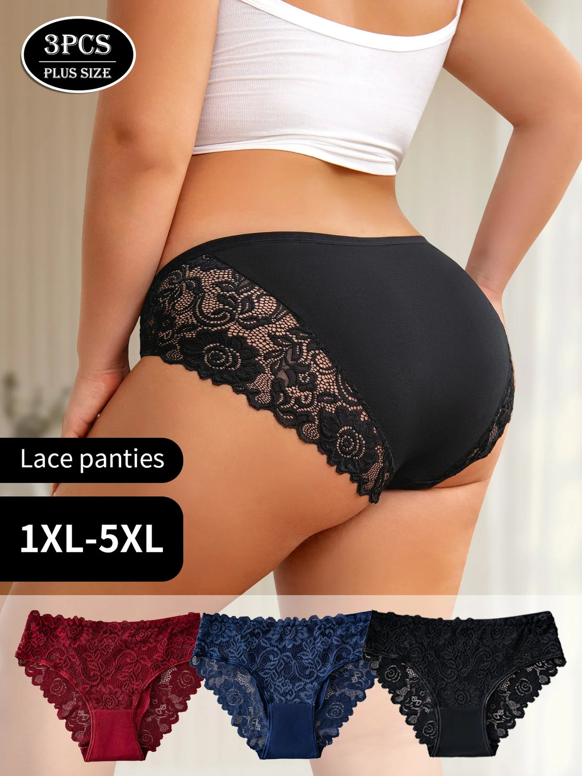3PCS Plus-Size Elegant Women's Underwear Hollow Floral Embroidery Lace Sexy Panties Solid Color Briefs High Quality Lingerie