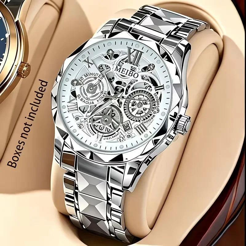 Fashion Skeleton Dial Men Business Watches Luxury Stainless Steel Calendar Quartz Wristwatch Relogio Masculino (Without Box）