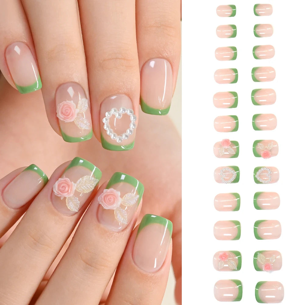 24Pcs Green Short Square French False Nails 3D Heart Rose Flower Charm Full Cover Fake Nail for Women Wearable Press on Nails