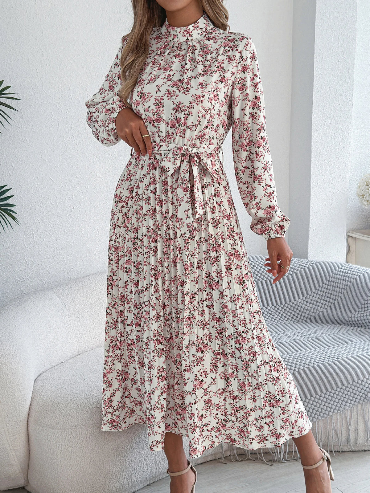 Floral Stand Up Collar Bridesmaid Dress 2026 Spring Autumn Elegant Long Sleeve Waist Cinching Pleated Dresses Woman Clothing