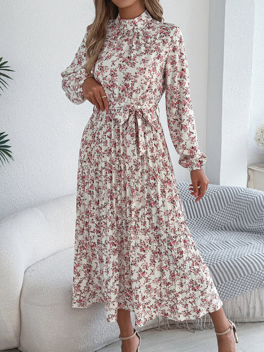 Floral Stand Up Collar Bridesmaid Dress 2026 Spring Autumn Elegant Long Sleeve Waist Cinching Pleated Dresses Woman Clothing