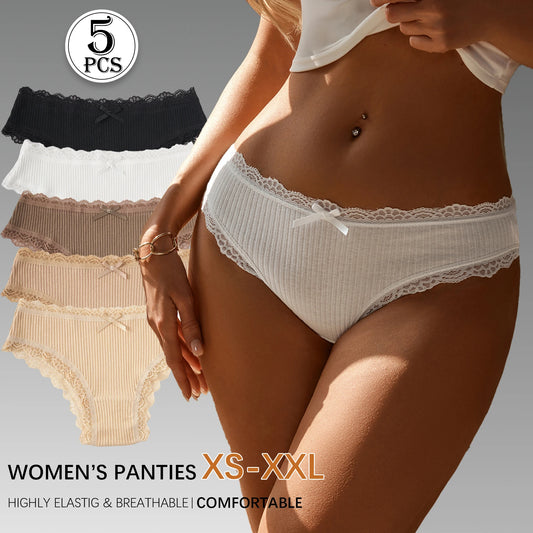 5PCS/Set Comfort Cotton Ribbed Panties Women Sexy Low Waist Briefs Seamless Underwear Lace Trim Bow Design Girls Pantys