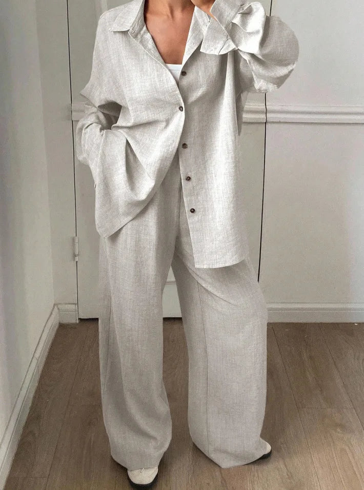 2026 New Women Linen Two Piece Outfit Set Lapel Long Sleeve Button Shirts Elastic Waist Wide Leg Pants Casual Loose Home Suit