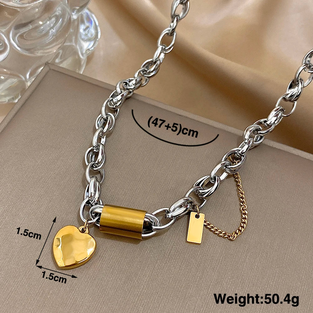 Flashbuy New Punk Chunky Gold Color Thick Chain Stainless Steel Necklace for Women Fashion Design Heart Love Pendant Jewelry